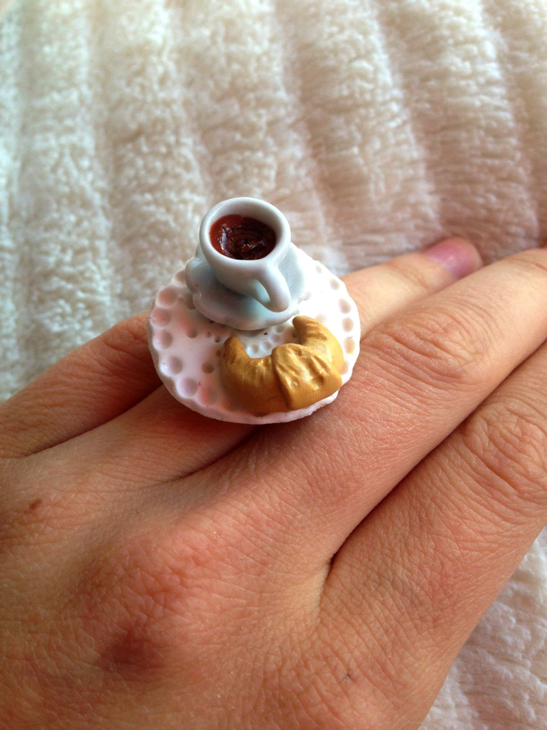 Cute Ring Coffee Cup Ring Miniature Croassiant Food Jewelry Miniature Food Ring
